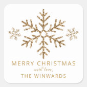 ホリデーホワイト&金ゴールドグリッタークリスマススノーフレーク スクエアシール (正面)
