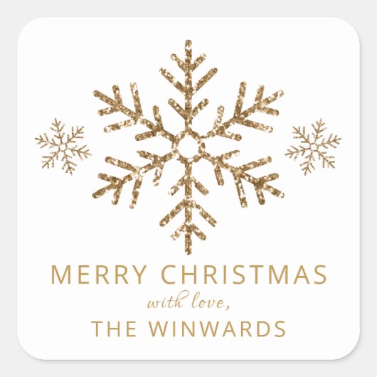 ホリデーホワイト&金ゴールドグリッタークリスマススノーフレーク スクエアシール (正面)