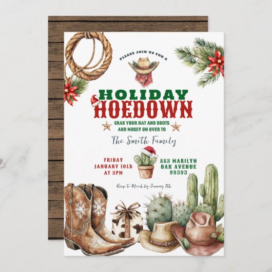 ホリデーホームダウンカウボーイをテーマにしたホリデーパーティー招待状 招待状 (正面/裏面)
