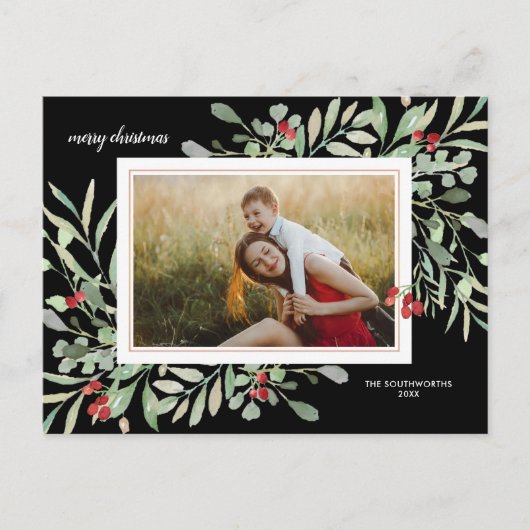 ホリデーボタニカルファミリーフォトブラエレガントック ポストカード (正面)