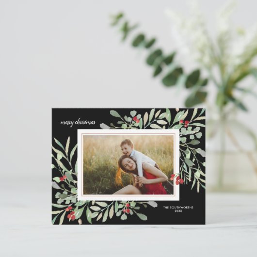 ホリデーボタニカルファミリーフォトブラエレガントック ポストカード (スタンド正面)