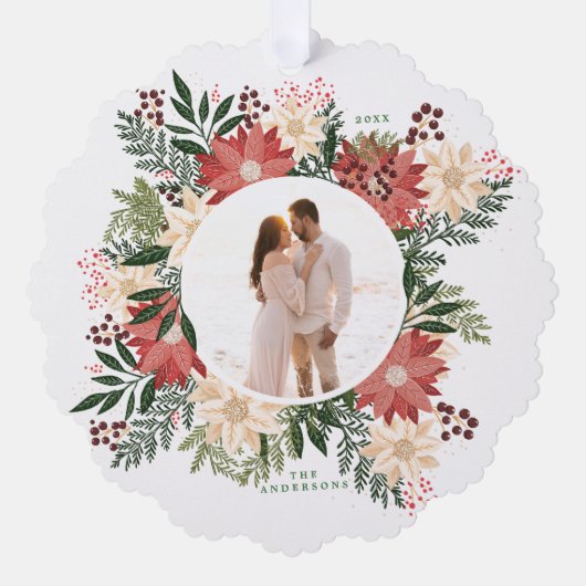 ホリデーボタニカルポインセチア写真クリスマス オーナメントカード (正面)