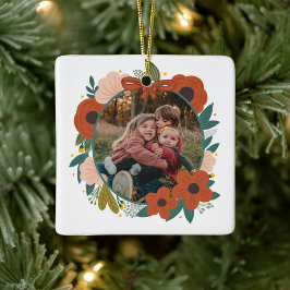 ホリデーボタニカルレッドフラワーズリースクリスマスファム セラミックオーナメント