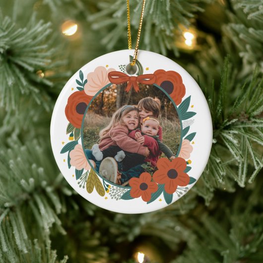 ホリデーボタニカルレッドフラワーズリースクリスマス セラミックオーナメント