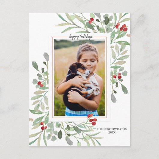 ホリデーボタニカルレッドベリーファミリーフォトカスタム ポストカード (正面)