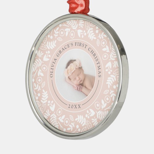 ホリデーボタニカル |ベビーの初めてのクリスマス写真 メタルオーナメント (左)