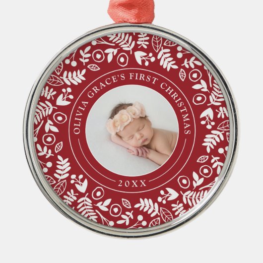 ホリデーボタニカル |ベビーの初めてのクリスマス写真 メタルオーナメント (正面)