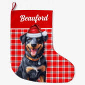 ホリデーボーセロンレッドプレイドと犬の名前 ラージクリスマスストッキング (正面)