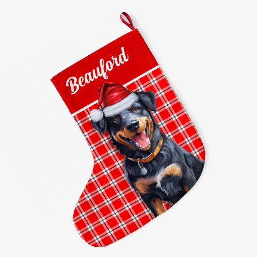 ホリデーボーセロンレッドプレイドと犬の名前 ラージクリスマスストッキング (裏面 (吊り時))