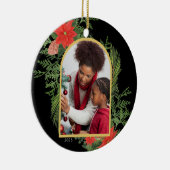 ホリデーポインセチアと緑のフォトブラック セラミックオーナメント (右)