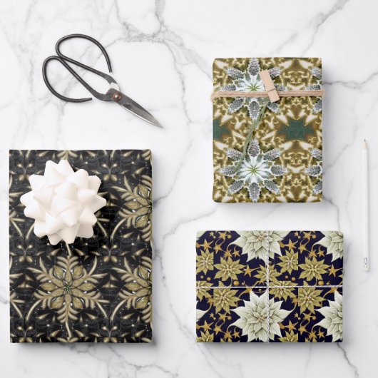 ホリデーポインセチアのフラクタルパターン ラッピングペーパーシート (正面)