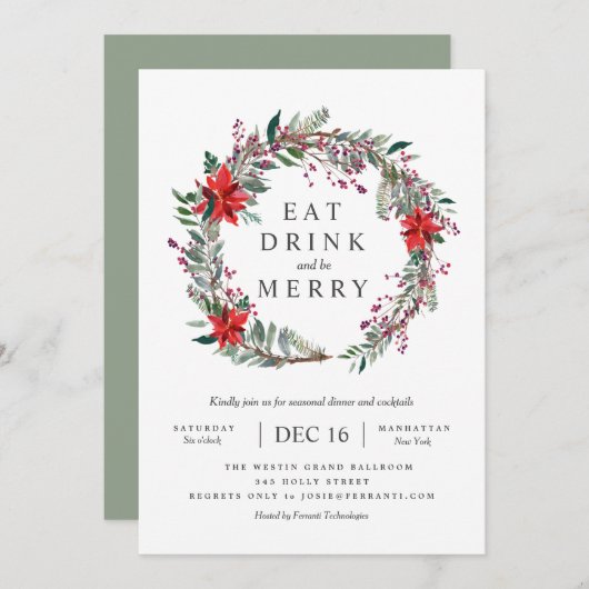 ホリデーポインセティアリースパーティの招待状 招待状 (正面/裏面)