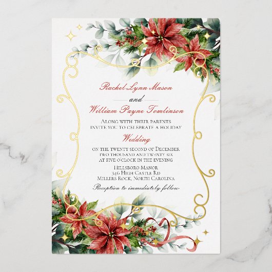 ホリデーポインセテ結婚ィア 箔招待状 (正面)