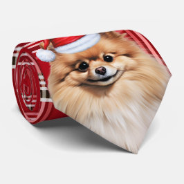 ホリデーポメラニアンドッグレッドチェッククリスマス ネクタイ