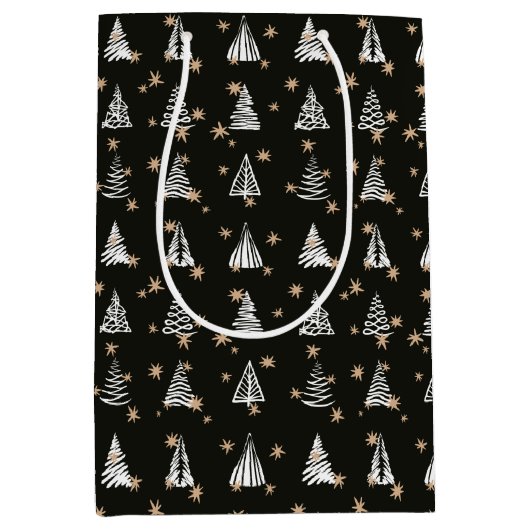 ホリデーモダンクリスマス白黒金ゴールドスター ミディアムペーパーバッグ (正面)