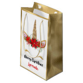 ホリデーユニコーンメリークリスマスネーム金ゴールドレッドピンク スモールペーパーバッグ (正面アングル)