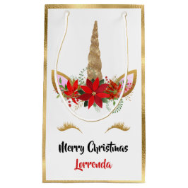 ホリデーユニコーンメリークリスマスネーム金ゴールドレッドピンク スモールペーパーバッグ