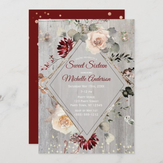ホリデーライトブルゴーディフローラSweet sixteenパーティー 招待状 (正面/裏面)