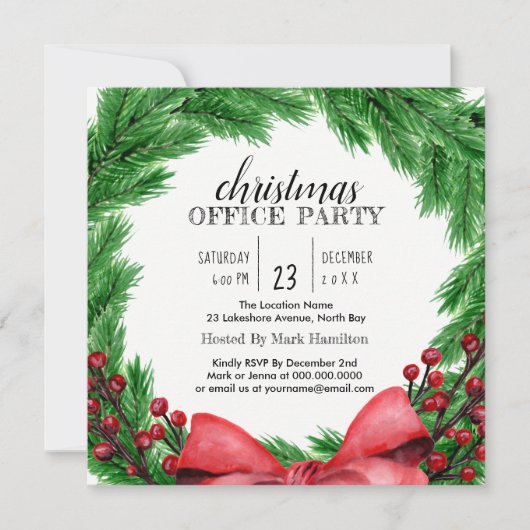 ホリデーリースクリスマスディナーパーティの招待状 招待状 (正面)