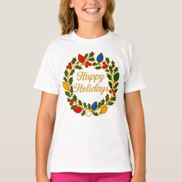 ホリデーリース クリスマスイルミネーションとヒイラギ Tシャツ