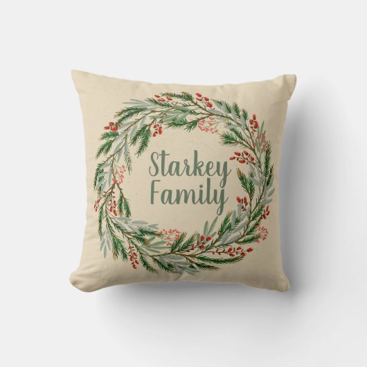 ホリデーリース、レッドベリー、パイン&ユーカリプタス クッション (正面)