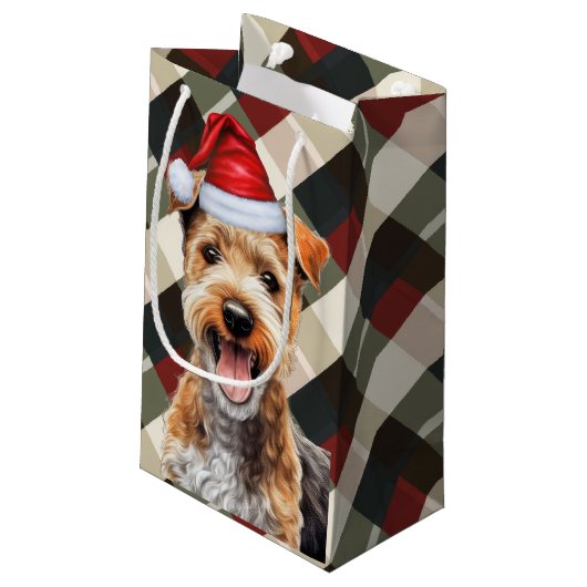 ホリデーレイクランドテリアードッグおもしろいプレイドクリスマス スモールペーパーバッグ (裏面アングル)