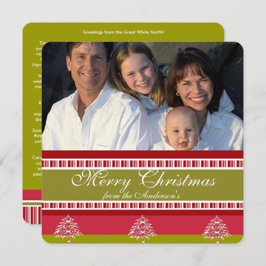 ホリデーレター赤と緑のツリーパターンカード 招待状 (正面/裏面)