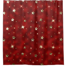 ホリデーレッドと金ゴールドフェイクメタルクリスマススターズ シャワーカーテン