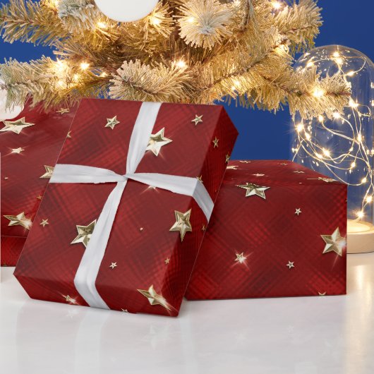 ホリデーレッドと金ゴールドフェイクメタルクリスマススターズ ラッピングペーパー (クリスマス)