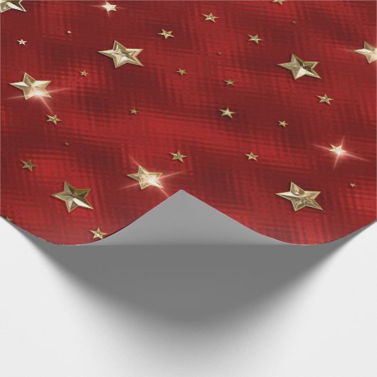 ホリデーレッドと金ゴールドフェイクメタルクリスマススターズ ラッピングペーパー (角)