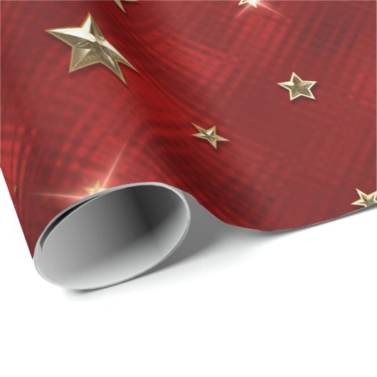 ホリデーレッドと金ゴールドフェイクメタルクリスマススターズ ラッピングペーパー (ロールコーナー)