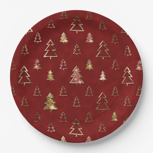 ホリデーレッドと金ゴールドフェイクメタルクリスマスツリー ペーパープレート (正面)