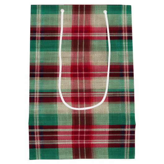 ホリデーレッドクリームグリーンプレイドストライプズ ミディアムペーパーバッグ (裏面)