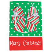 ホリデーレッドグリーンボウストライプの水玉模様 ミディアムペーパーバッグ (正面)