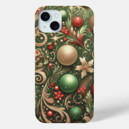 ホリデーレッドグリーン金ゴールドシルバーオーナメント iPhone 15 MINIケース