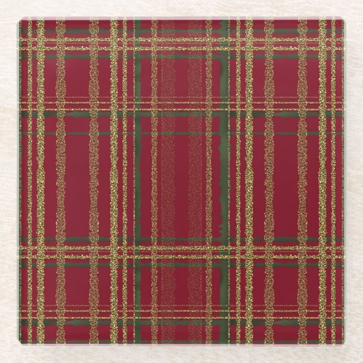ホリデーレッドグリーン&金ゴールドグリッタークリスマスタータンチェック ガラスコースター (正面)