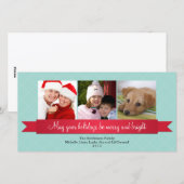 ホリデーレッドサテンリボンブルー格子挨拶 シーズンカード (正面/裏面)