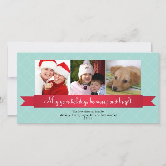 ホリデーレッドサテンリボンブルー格子挨拶 シーズンカード (正面)