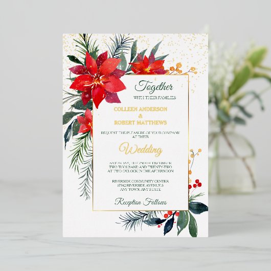 ホリデーレッドポインセチア金ゴールド結婚フレーム 箔招待状 (立ち正面)