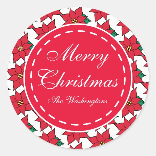 ホリデーレッドポインセティアクリスマスプレゼントラベルシール ラウンドシール (正面)