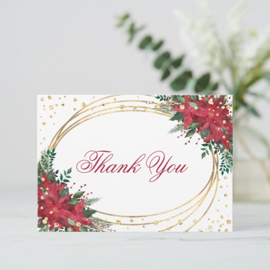 ホリデーレッド金ゴールドポインセティアクリスマス結婚ズ サンキューカード (スタンド正面)