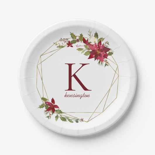 ホリデー幾何モダンフローラリースモノグラム ペーパープレート (正面)