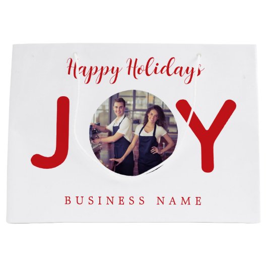 ホリデー白い赤い喜び写真ビジネスショッピングバッグ ラージペーパーバッグ (正面)