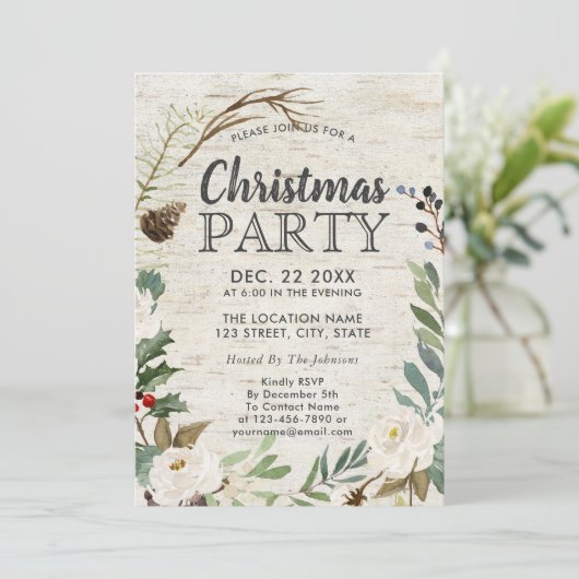 ホリデー素朴リースホワイト樺の木クリスマスパーティー 招待状 (スタンド正面)