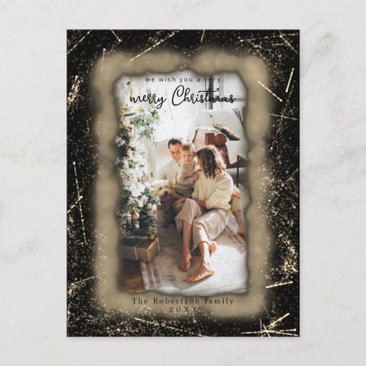 ホリデー金ゴールドグリッター額写真メリークリスマス ポストカード (正面)