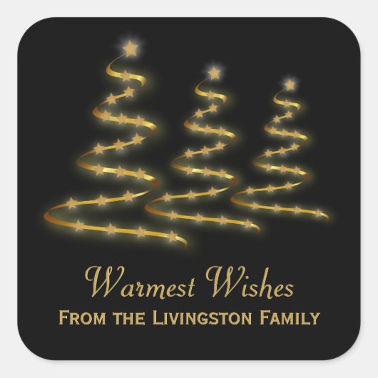 ホリデー金ゴールドリボンスタイルクリスマスツリーズブラック スクエアシール (正面)