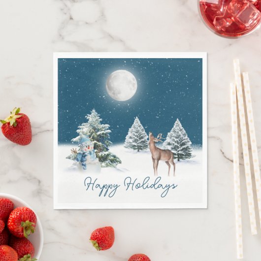 ホリデー雪だるまと鹿インスノーフレーク スタンダードランチョンナプキン (インサイチュ)