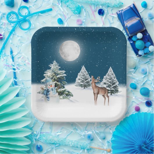 ホリデー雪だるまと鹿インスノーフレーク ペーパープレート (パーティー)