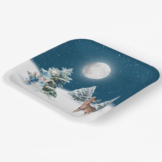 ホリデー雪だるまと鹿インスノーフレーク ペーパープレート (傾斜あり)