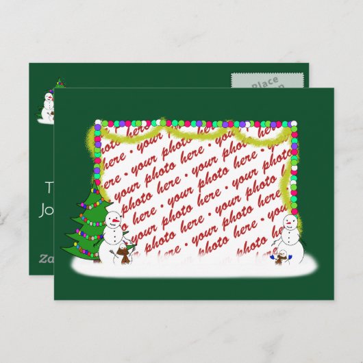 ホリデー雪だるまファミリーフォトフレーム シーズンポストカード (正面/裏面)